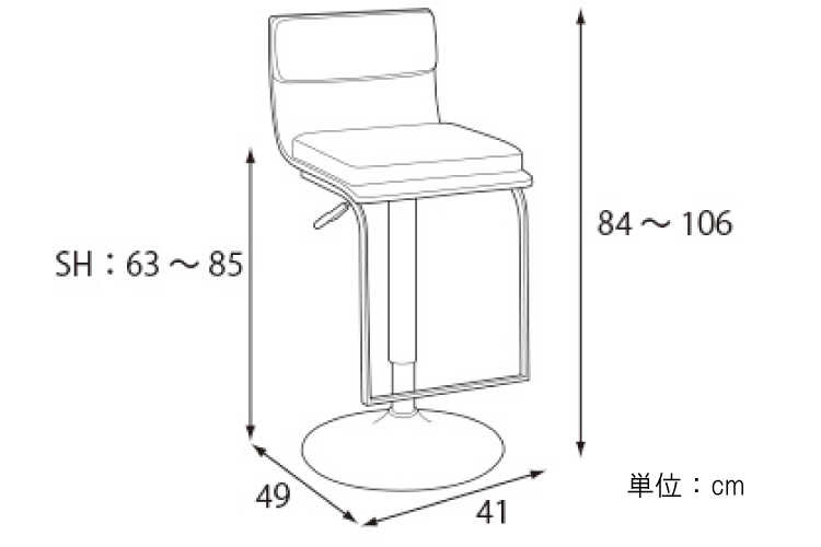 CH-3102 ブラック革＆曲木のハイデザインなカウンターチェアのサイズ詳細画像